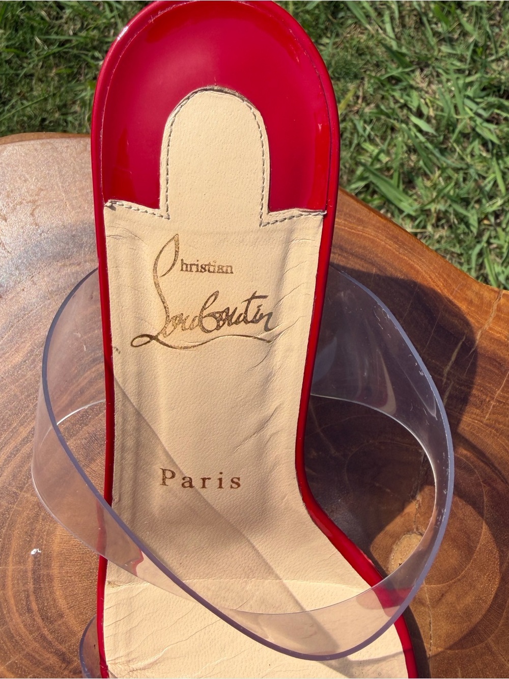 Christian Louboutin Red Patent Slide Sandals with Clear Straps - Picture 7 of 8